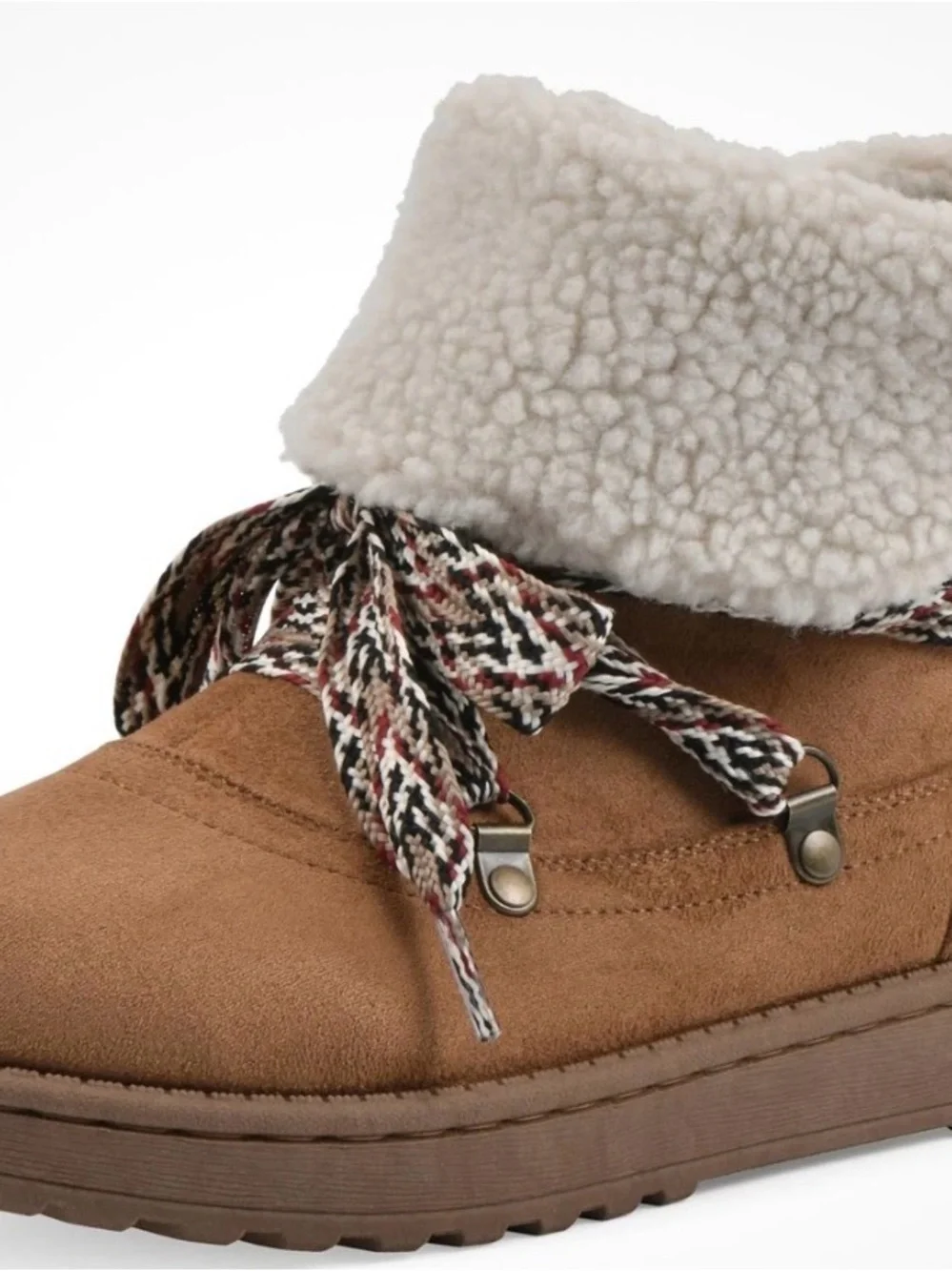 White Mountain Tan Faux-Suede Sherpa-Lined Ankle Boot with Braided Laces